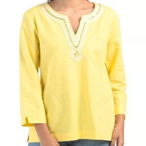 Pappagallo Embroidered Linen Tunic Top XL Yellow White Coastal Resort Wear NWT